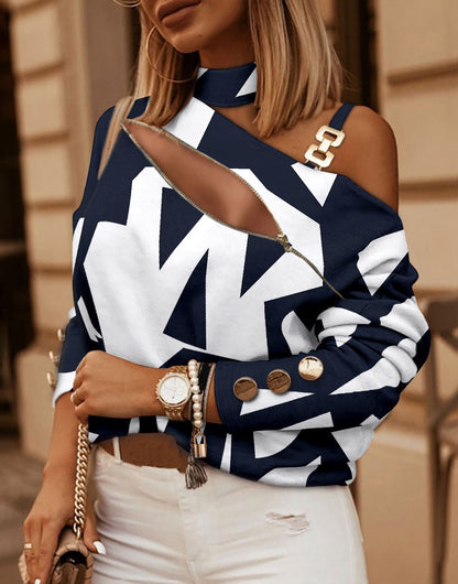 Printed Off-Shoulder Top with Diagonal Zipper and Chain Strap
