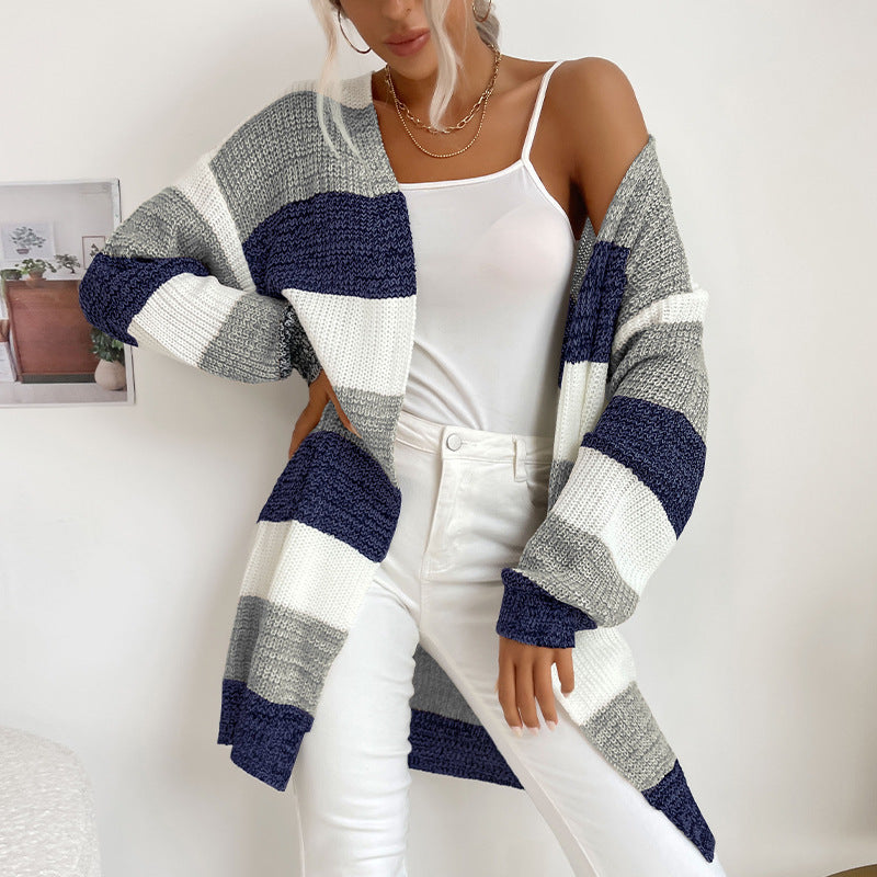 Striped Open Front Cardigan with Long Length
