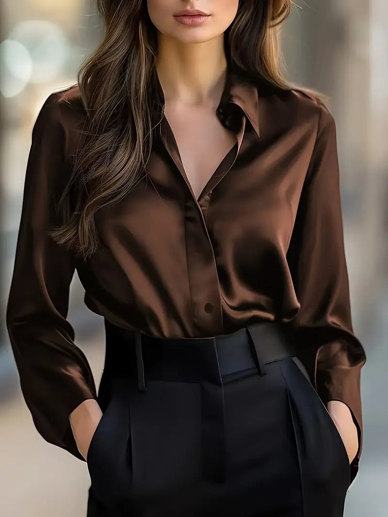 Satin Finish Button-Down Shirt with V-Neck and Long Sleeves