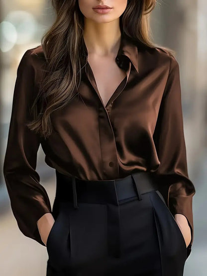 Satin Finish Button-Down Shirt with V-Neck and Long Sleeves