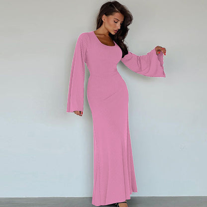 Ribbed Maxi Dress with Bell Sleeves and Lace-Up Back