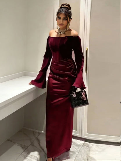 Sheath Maxi Dress with Off-Shoulder Long Sleeves and Draped Detail