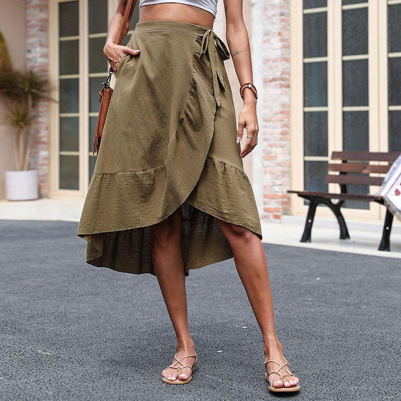 Asymmetrical Wrap Midi Skirt with Ruffled Hem