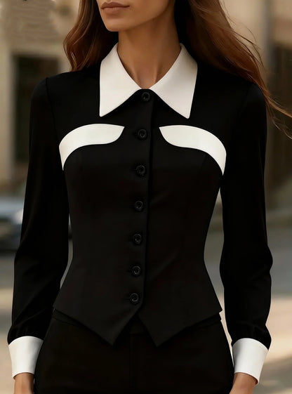 Slim Fit Contrasting Panel Blouse with Pointed Hem