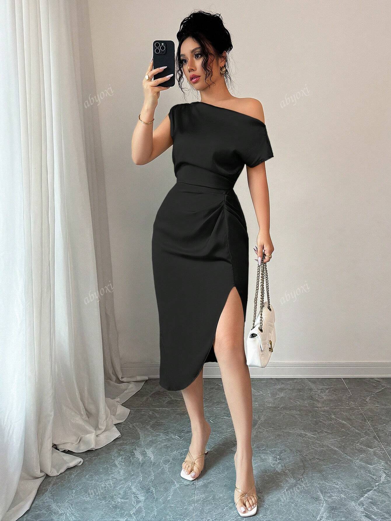 Off-Shoulder Sheath Midi Dress with Ruched Waist and Slit