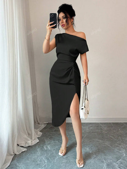 Off-Shoulder Sheath Midi Dress with Ruched Waist and Slit