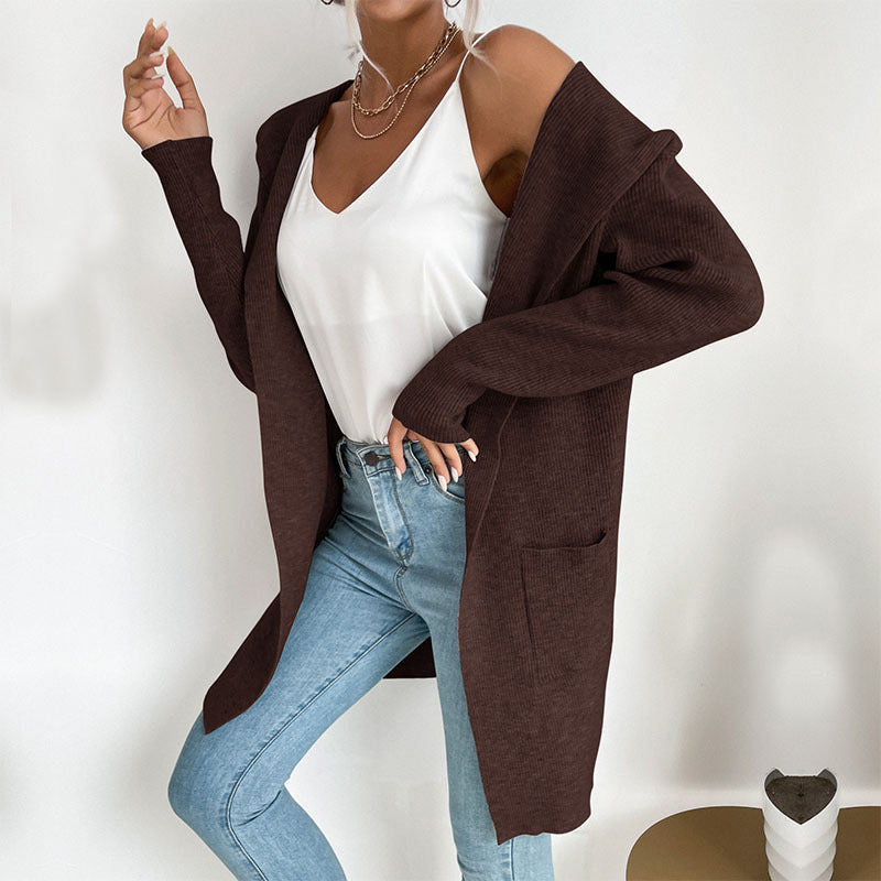 Long Open-Front Cardigan with Hood and Ribbed Knit