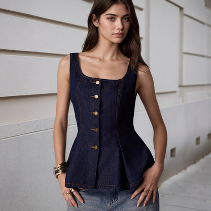 Faux Denim Peplum Vest with Gold Button Front