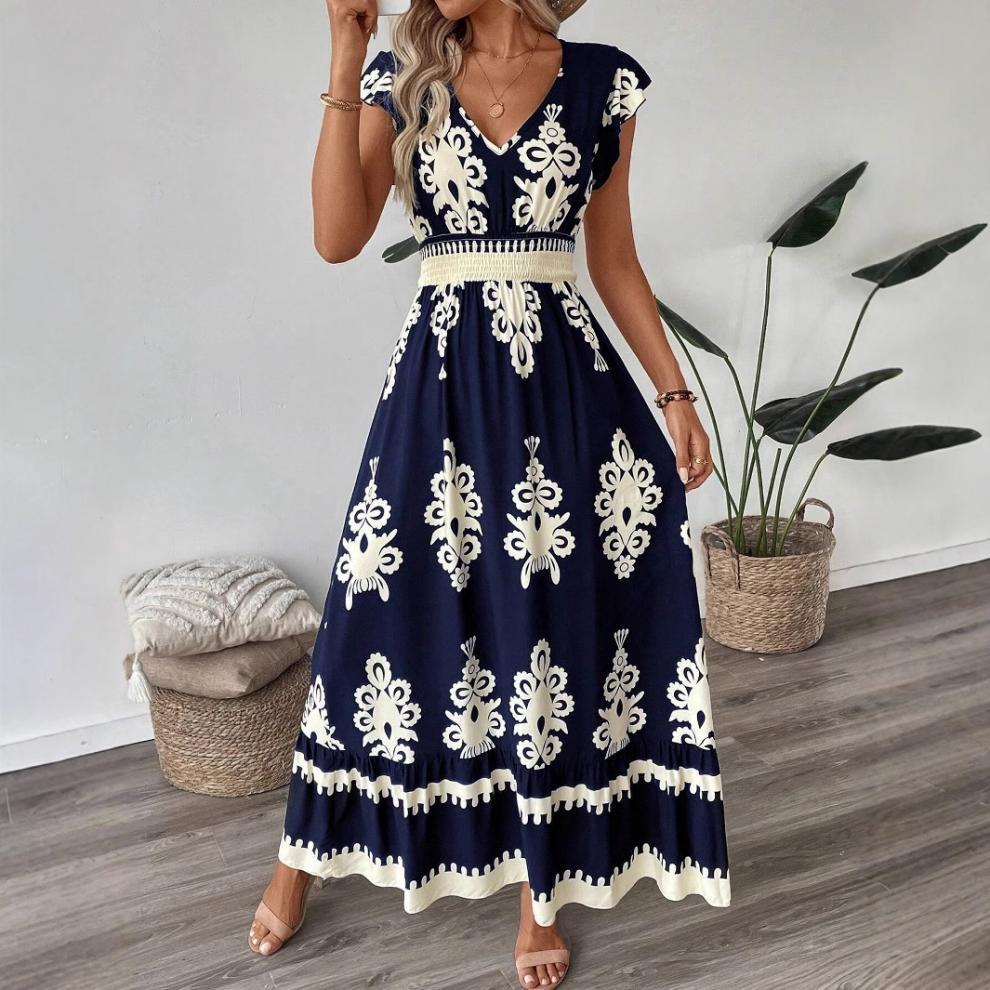 Printed A-Line Maxi Dress with V-Neck