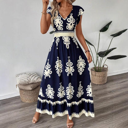 Printed A-Line Maxi Dress with V-Neck