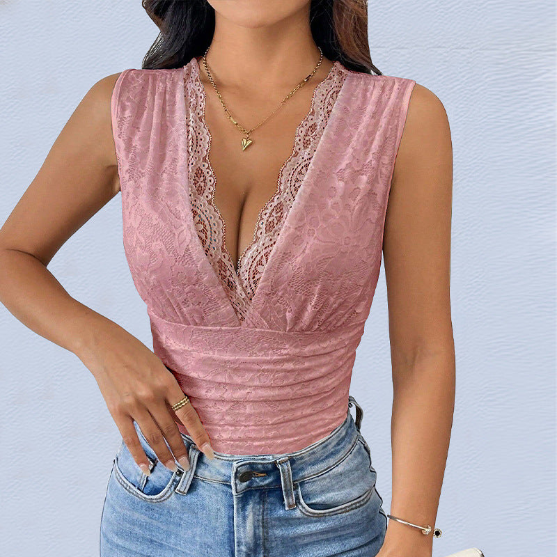 Bodycon Lace Bodysuit with Deep V-Neck and Ruched Waist