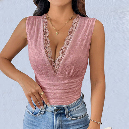 Sleeveless Lace Bodysuit with Surplice V-Neck