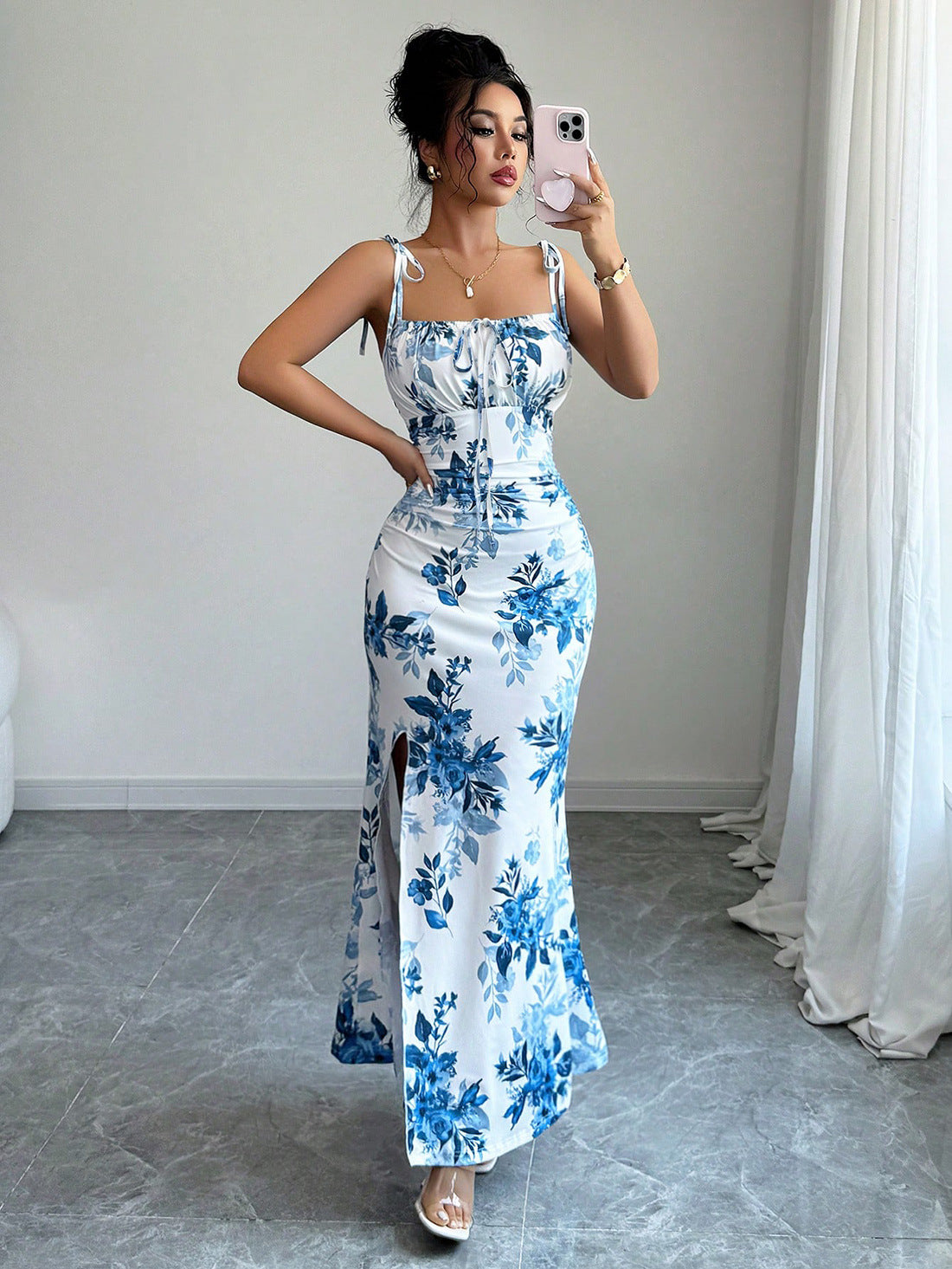 Floral Print Tie-Strap Maxi Dress with High Side Slit