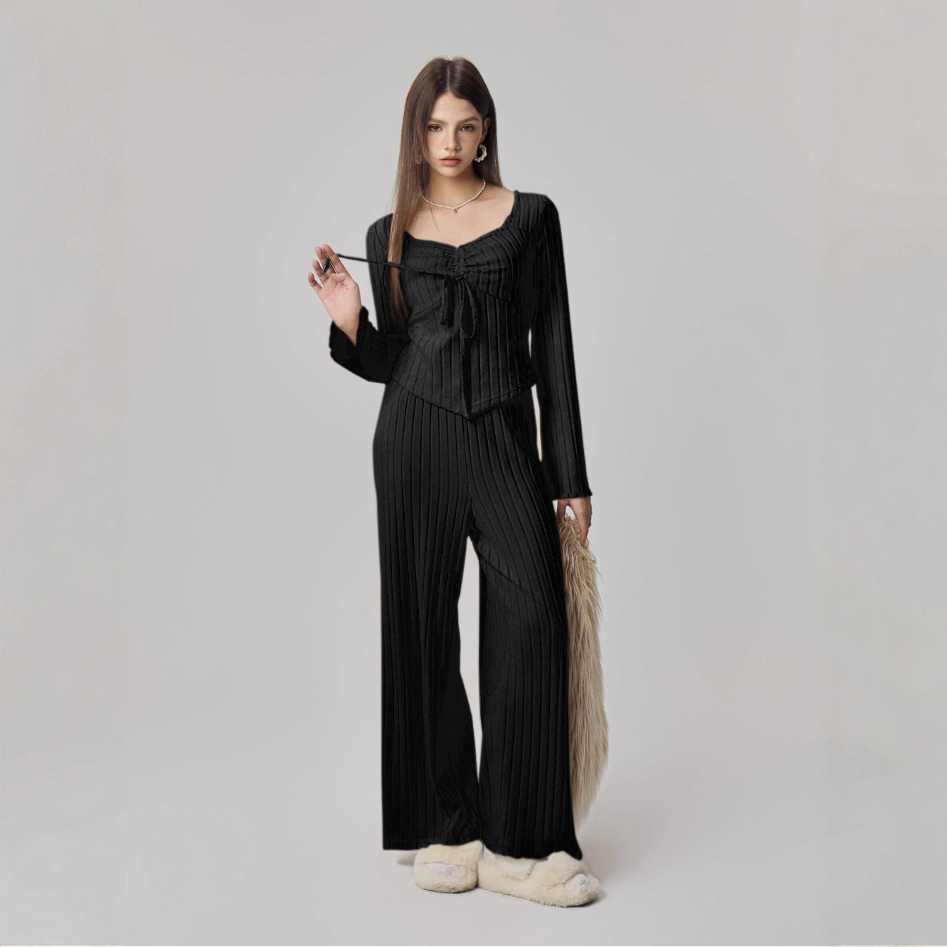 Ribbed Knit Two-Piece Set with Tie-Front Top and Wide-Leg Pants