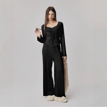 Ribbed Knit Two-Piece Set with Tie-Front Top and Wide-Leg Pants