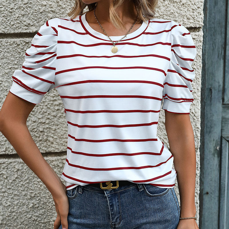 Striped Slim Fit T-Shirt with Puff Sleeves and Round Neck