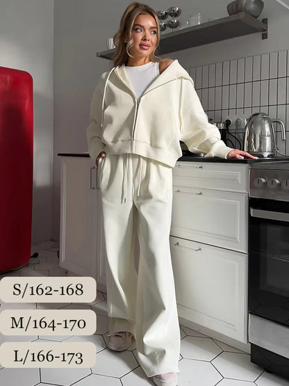 Solid Wide-Leg Sweatpants Set with Cropped Zip-Up Hoodie
