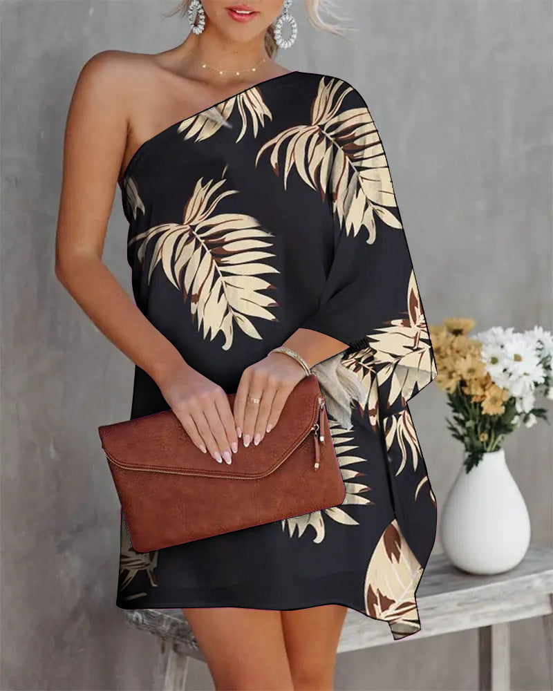 Printed One-Shoulder Mini Dress with Bat Sleeves