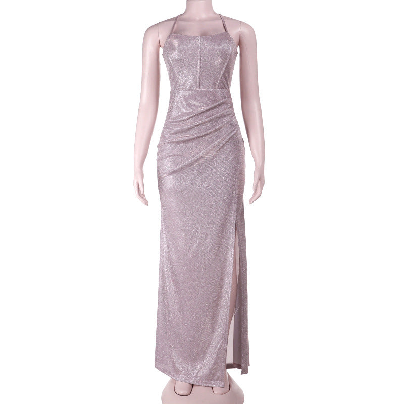 Glitter Sheath Maxi Dress with Lace-Up Back and High Slit