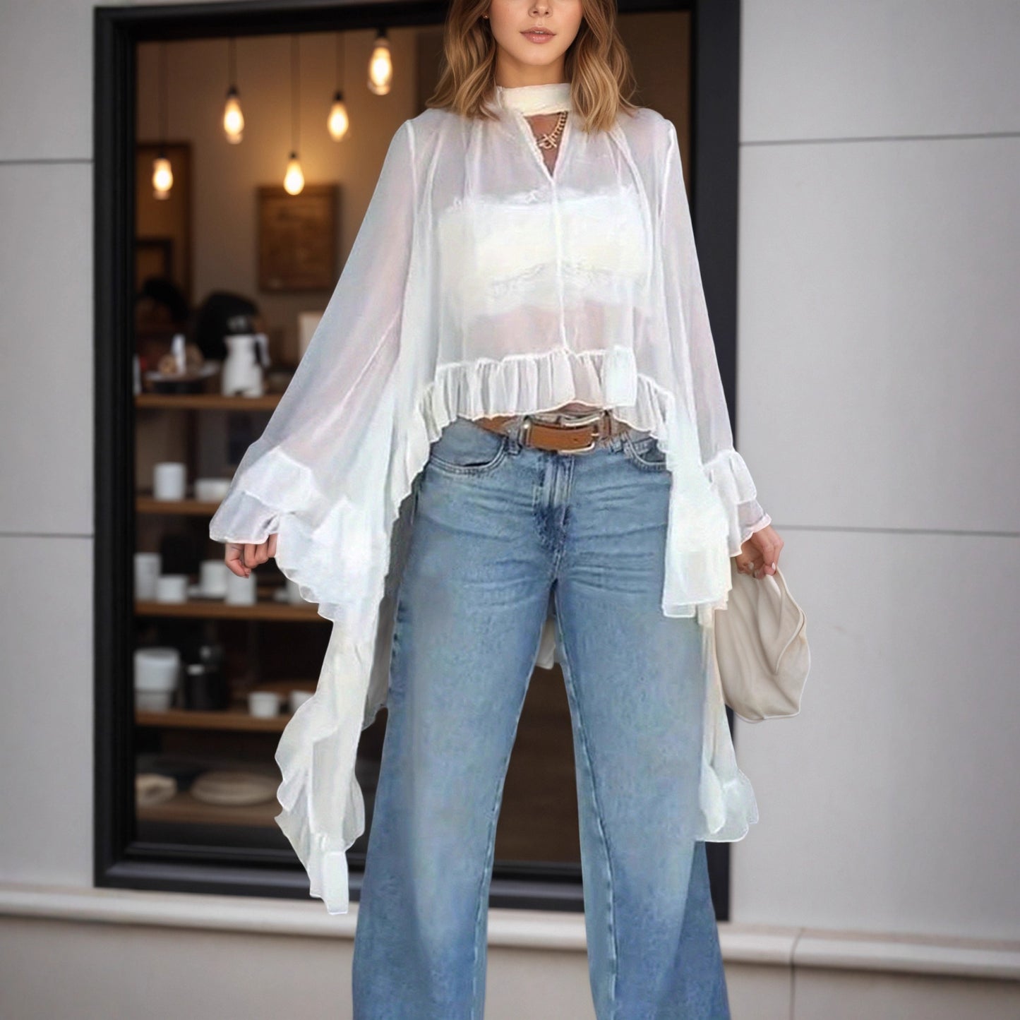 Sheer Cape Blouse with Halter Neck and Ruffles