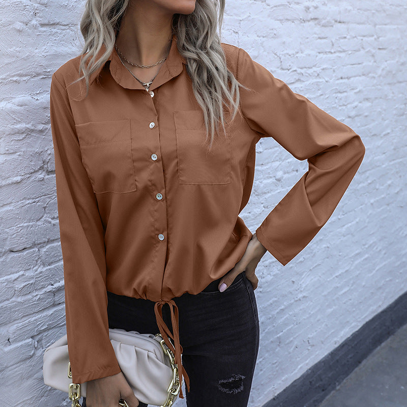 Solid Button-Down Shirt with Drawstring Hem and Chest Pockets