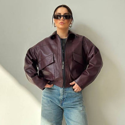 Loose Faux Leather Pilot Jacket with Batwing Sleeves