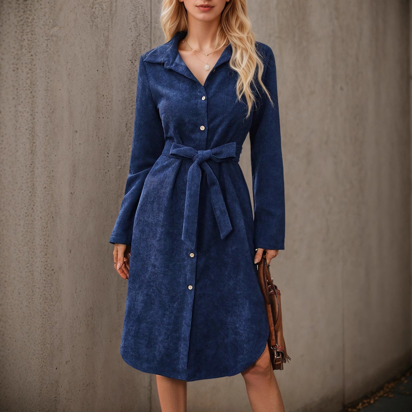 Corduroy Shirt Dress with Belted Waist and High-Low Hem
