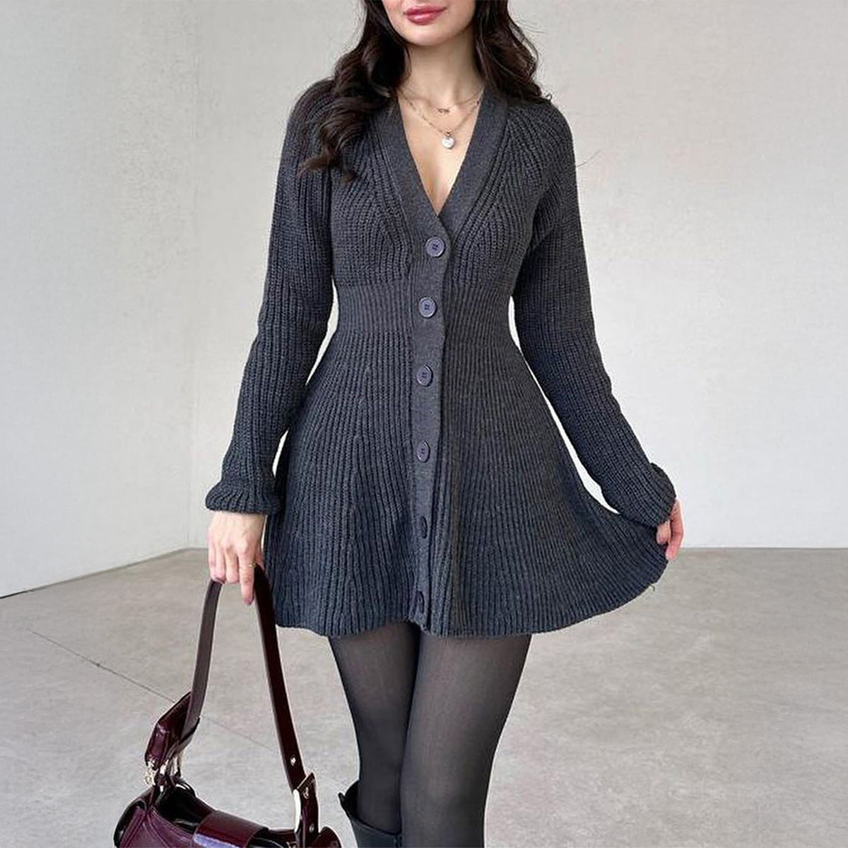 Ribbed Knit A-Line Cardigan Dress with V-Neck and Button Front