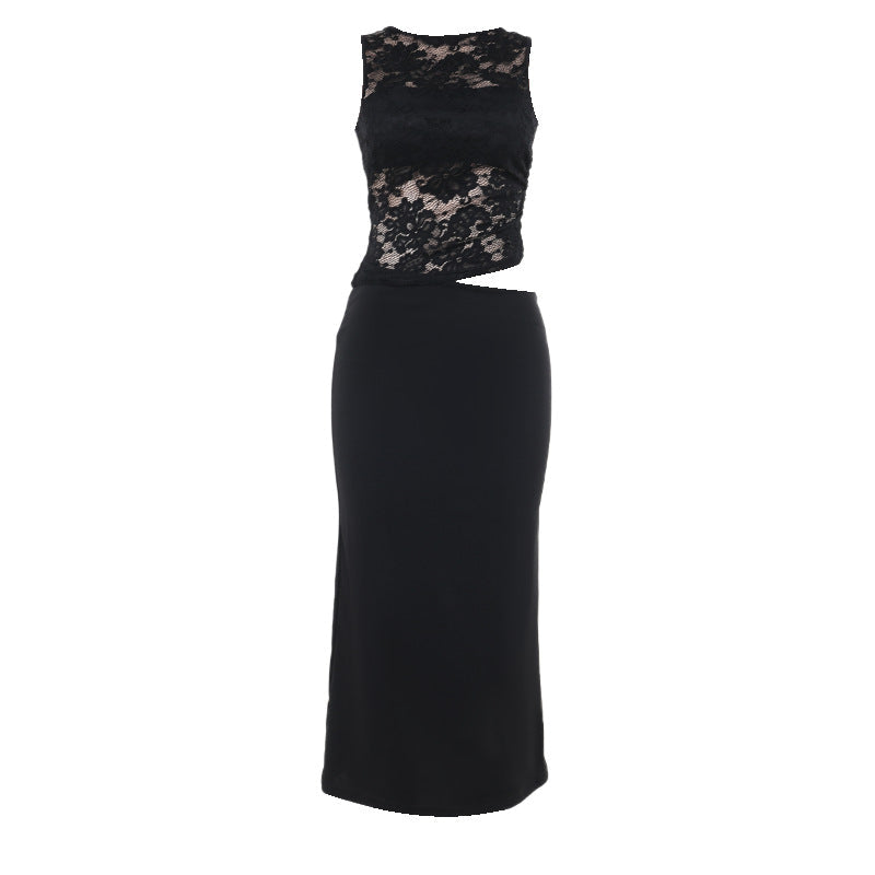 Elegant Lace Hollow Slim-Fit Vest Dress Black