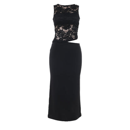 Elegant Lace Hollow Slim-Fit Vest Dress Black