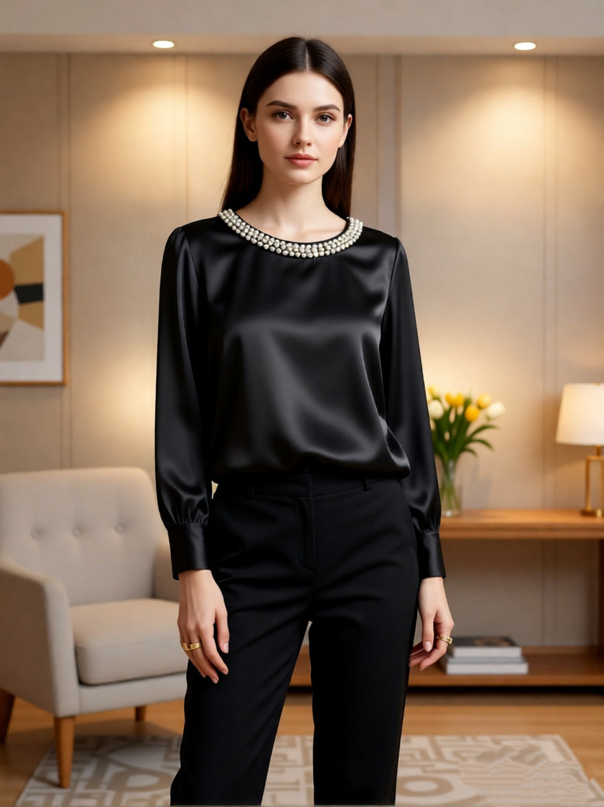 Satin Blouse with Pearl Embellished Crew Neck
