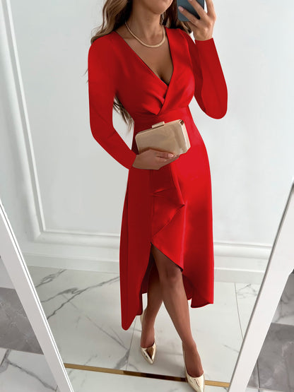 Solid Long Sleeve Wrap Dress with V-Neck and Asymmetrical Hem