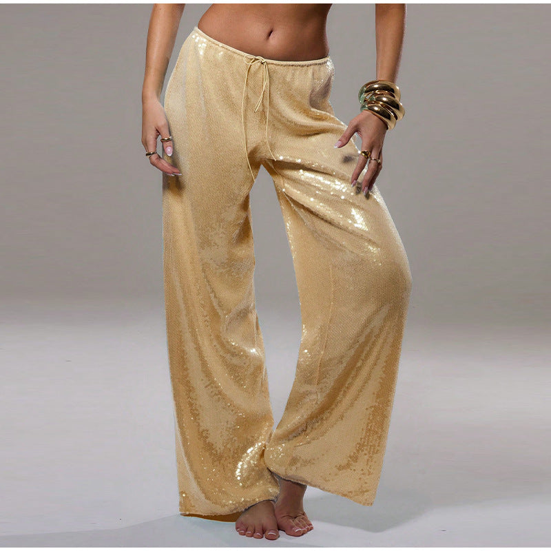 Wide-Leg Sequined Trousers with High Waist and Drawstring