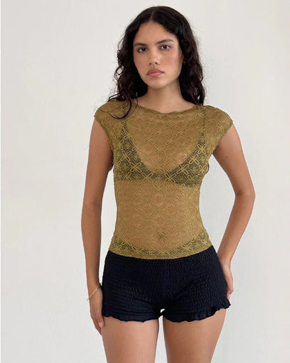Slim Fit Sheer Lace Top with Cap Sleeves