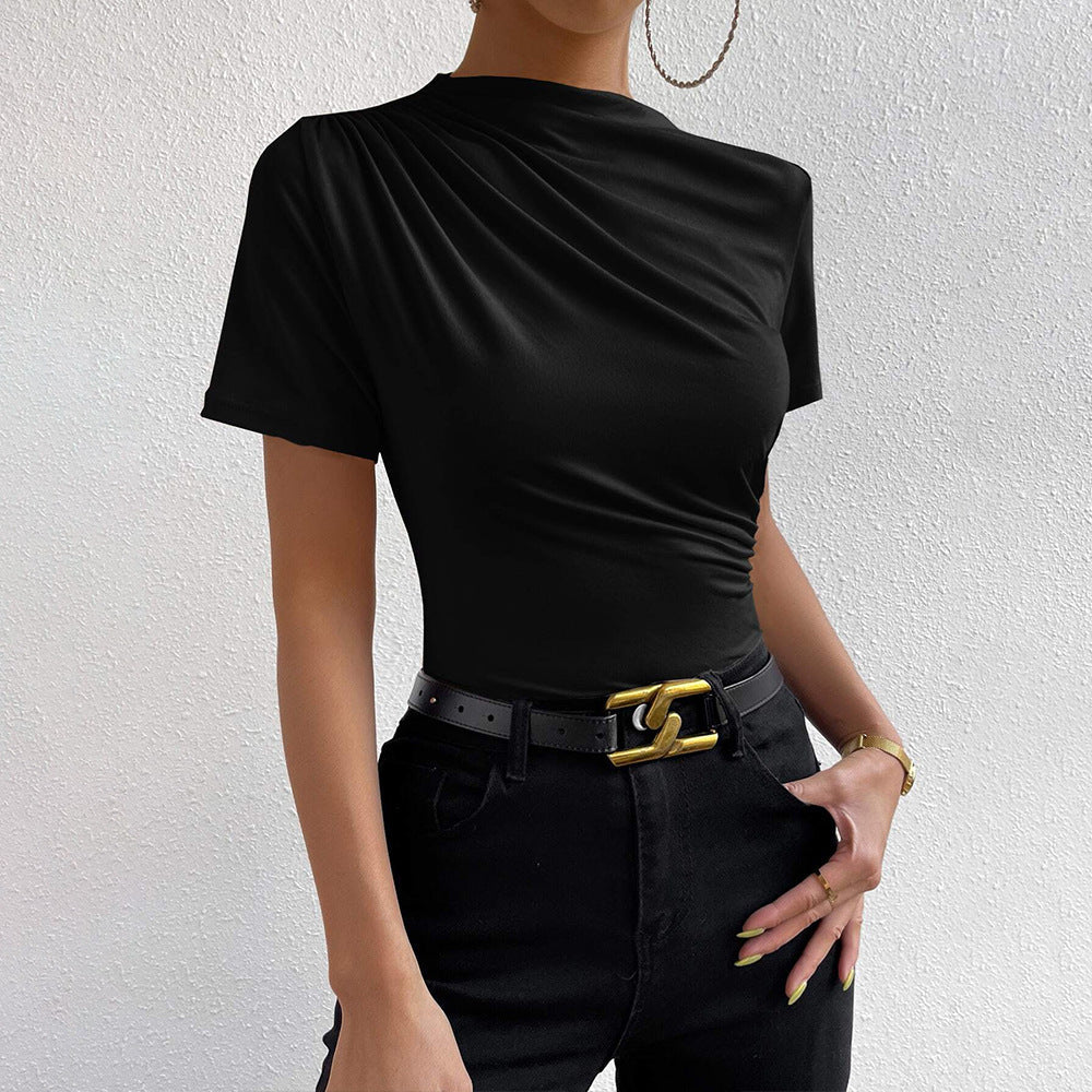 Slim Fit Mock Neck Top with Asymmetrical Ruched Detail