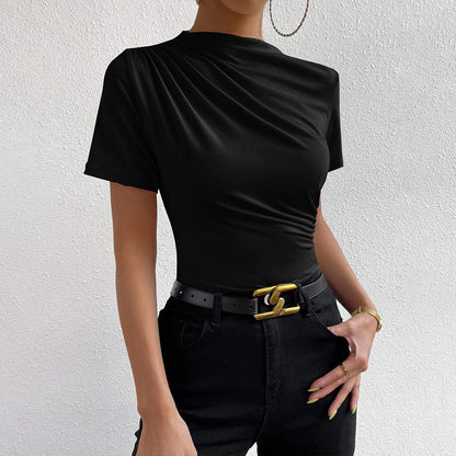 Slim Fit Mock Neck Top with Asymmetrical Ruched Detail