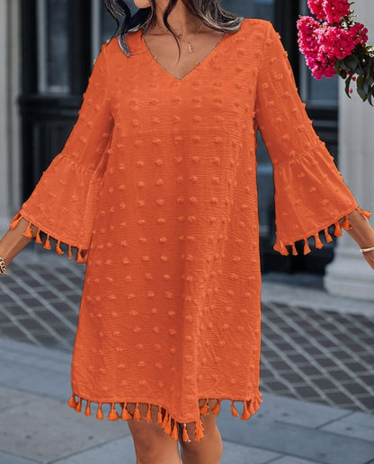 Loose Fit V-Neck Mini Dress with Tassel Bell Sleeves