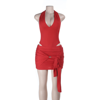 Solid Halter Neck Bodysuit and Ruched Mini Skirt Set