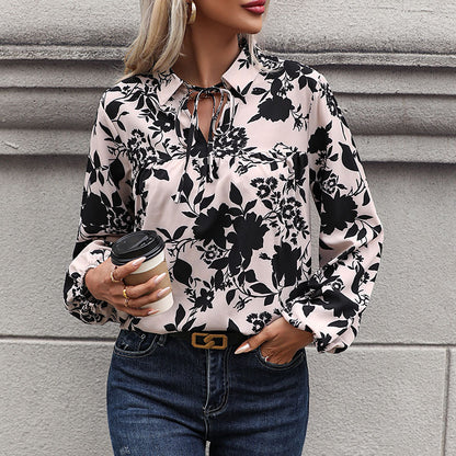 Floral Print Blouse with Lapel Collar and Tie-Neck
