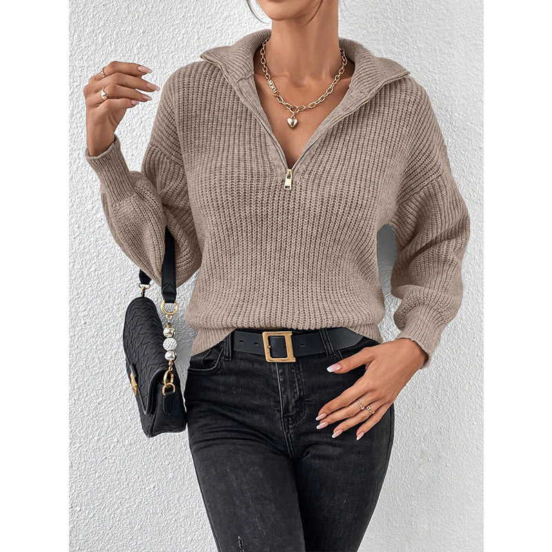 Loose Ribbed Knit Pullover with Half-Zip Polo Collar