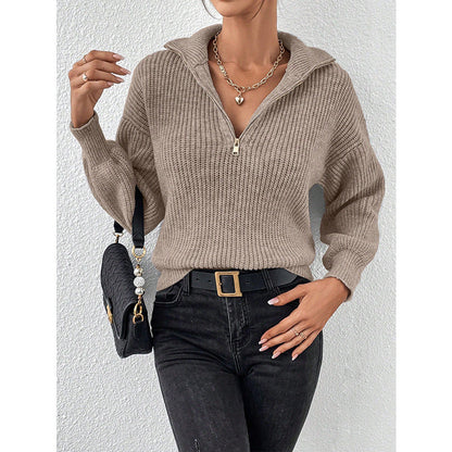 Loose Ribbed Knit Pullover with Half-Zip Polo Collar