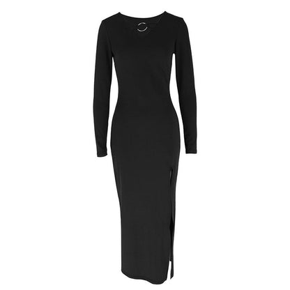 Bodycon Midi Dress with Metal V-Neck and Side Slit