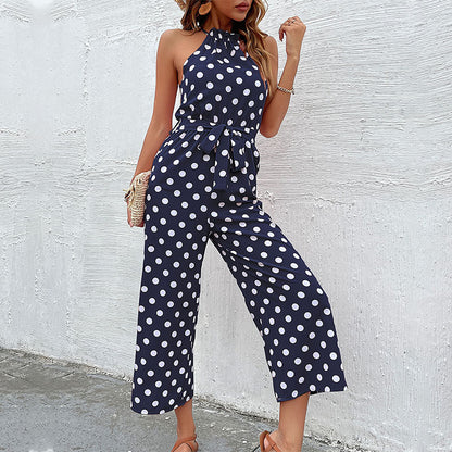 Polka Dot Wide-Leg Jumpsuit with Halter Neck and Tie Waist