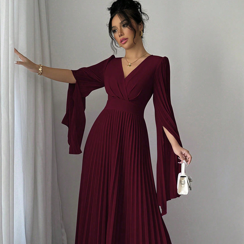 High-Waist Pleated Maxi Dress with Split Sleeves