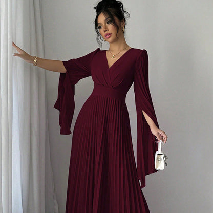 High-Waist Pleated Maxi Dress with Split Sleeves