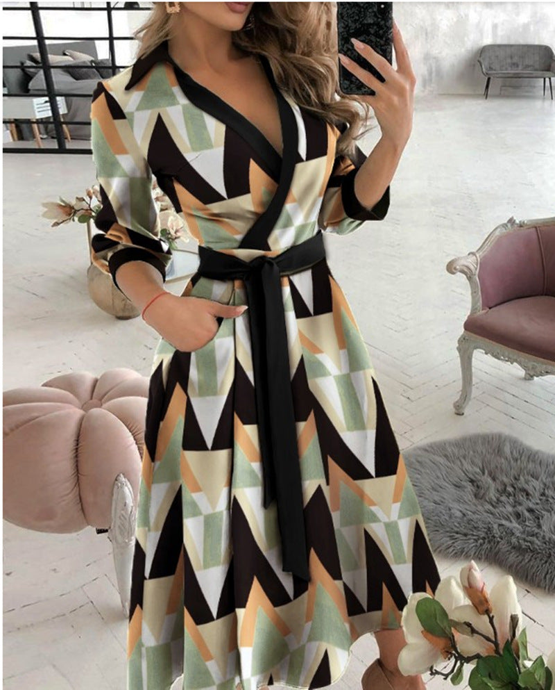 Printed Wrap Midi Dress with Shirt Collar and 3/4 Sleeves