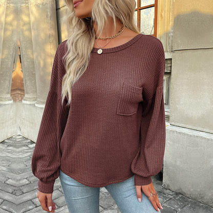 Waffle Knit Top with Lantern Sleeves and Strappy Back