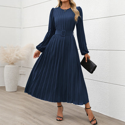 Solid Pleated Midi Dress with Lantern Sleeves and Belted Waist