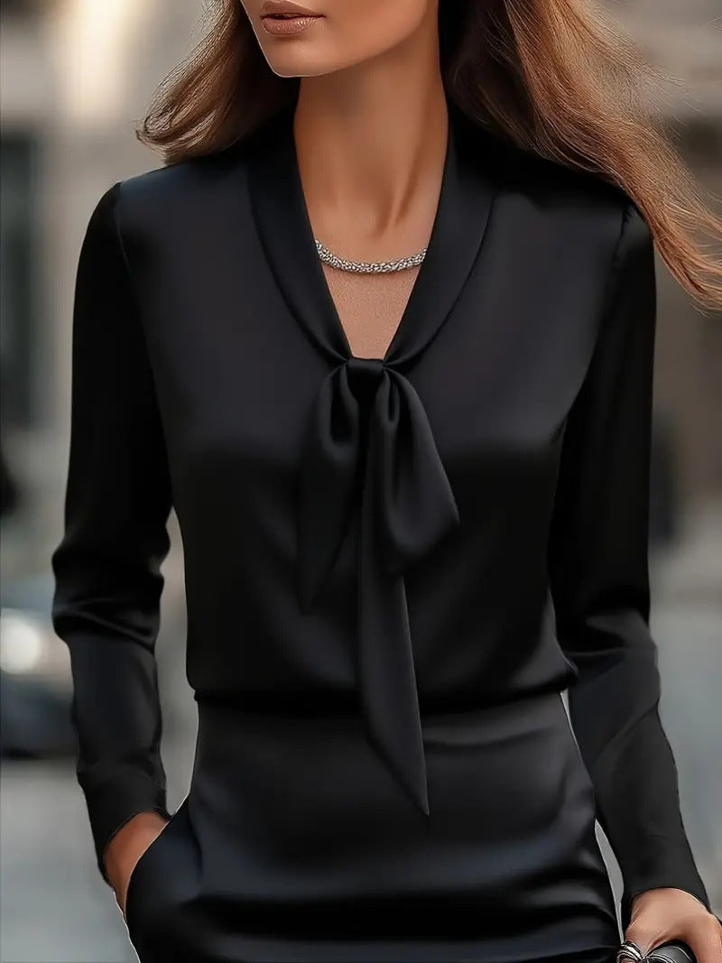 Satin Blouse with Scarf Collar and Long Sleeves