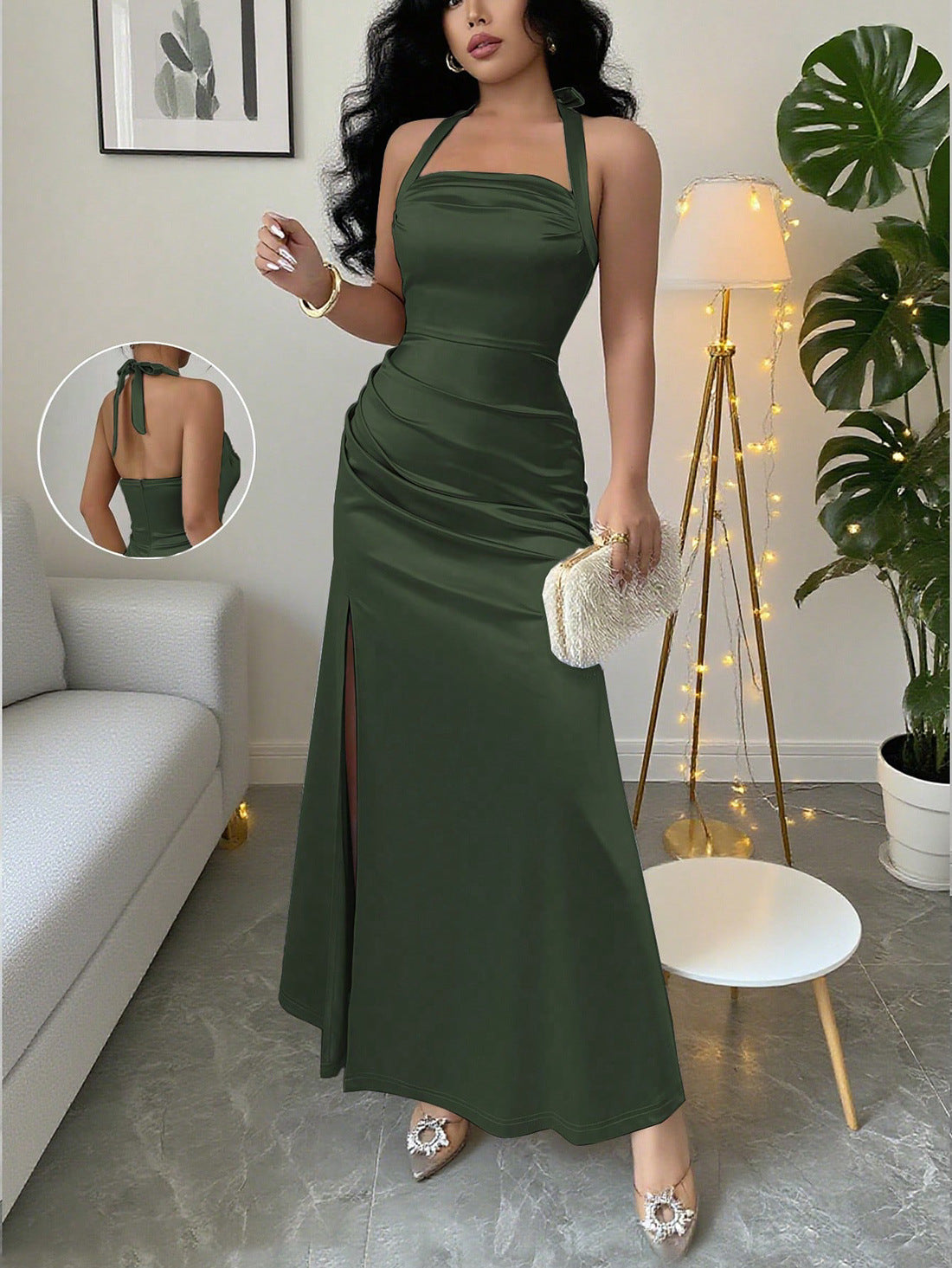 Ruched Satin Maxi Dress with Halterneck and Side Slit